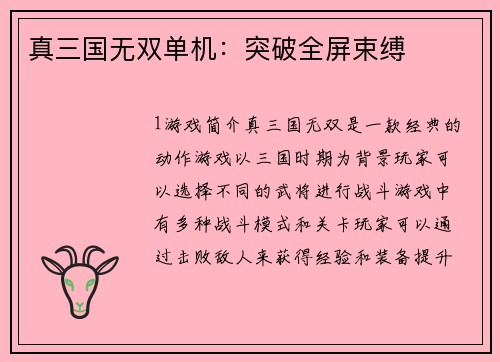 真三国无双单机:突破全屏束缚