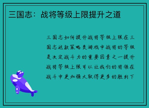 三国志：战将等级上限提升之道