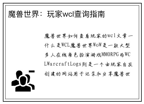 魔兽世界：玩家wcl查询指南